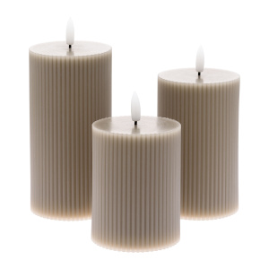 Set 3 Candela Cilindrica 3DF a Coste RIBBED ø7,5cm H10/12,5/15cm Cera Grigio Marrone TAUPE Glossy 3D Wick Flame con Telecomanco 10F - Lotti - immagine 7