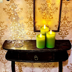 Set 3 Candela Cilindrica 3DF a Coste RIBBED ø7,5cm H10/12,5/15cm Cera Verde JADE Glossy 3D Wick Flame con Telecomanco 10F - Lotti - immagine 4