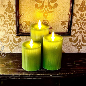 Set 3 Candela Cilindrica 3DF a Coste RIBBED ø7,5cm H10/12,5/15cm Cera Verde JADE Glossy 3D Wick Flame con Telecomanco 10F - Lotti - immagine 5