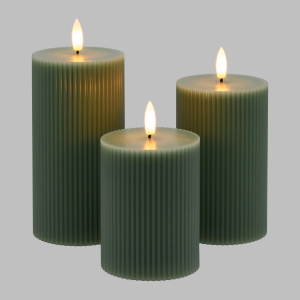 Set 3 Candela Cilindrica 3DF a Coste RIBBED ø7,5cm H10/12,5/15cm Cera Verde JADE Glossy 3D Wick Flame con Telecomanco 10F - Lotti - immagine 8