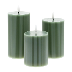 Set 3 Candela Cilindrica 3DF a Coste RIBBED ø7,5cm H10/12,5/15cm Cera Verde JADE Glossy 3D Wick Flame con Telecomanco 10F - Lotti - immagine 9