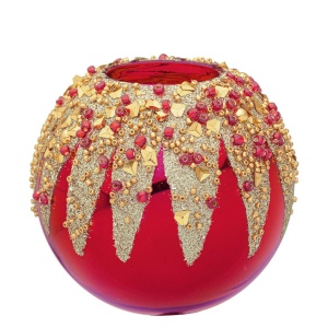 Porta Tealight in Vetro rosso Perline oro Ø10cm - Bizzotto - immagine 1