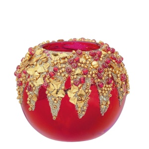Porta Tealight in Vetro rosso Perline oro Ø8cm - Bizzotto