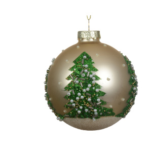Sfera champagne Abeti verdi con Perle Ø8 cm - Kaemingk - immagine 1