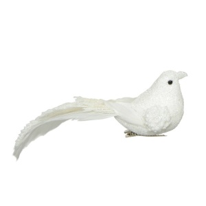 Uccellino con Clip Piume Glitter bianco L.16.5 cm - Kaemingk