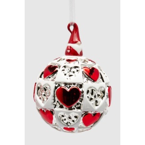 Sfera in Vetro Cuori rosso e argento con Gnomo Ø9 cm - EDG