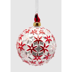 Sfera in Vetro Fiore rosso e bianco con Uccellino Ø10 cm - EDG
