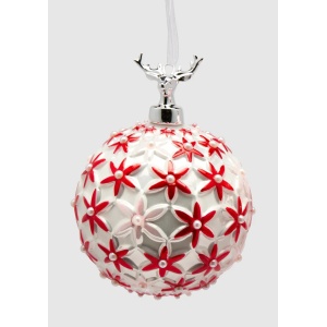 Sfera in Vetro Fiore rosso e bianco con Cervo Ø10 cm - EDG