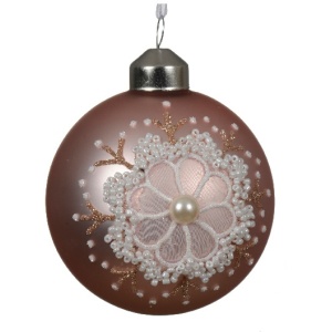 Sfera in Vetro rosa Fiore Pizzo bianco Ø8 cm - Kaemingk - immagine 1