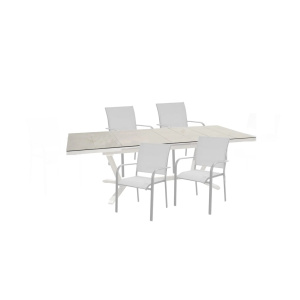 Tavolo Vita 180/240 cm bianco, piano a doghe Kedra® colore marmo bianco con 4 poltroncine Elegance - Proloisirs